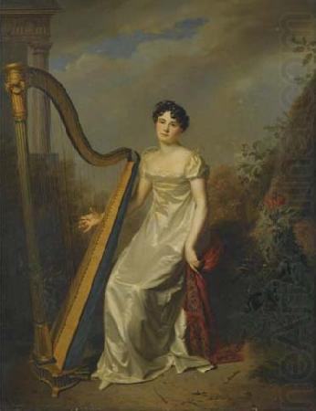 Portrait of a lady, wearing a white dress and seated beside a harp a landscape beyond, Firmin Massot